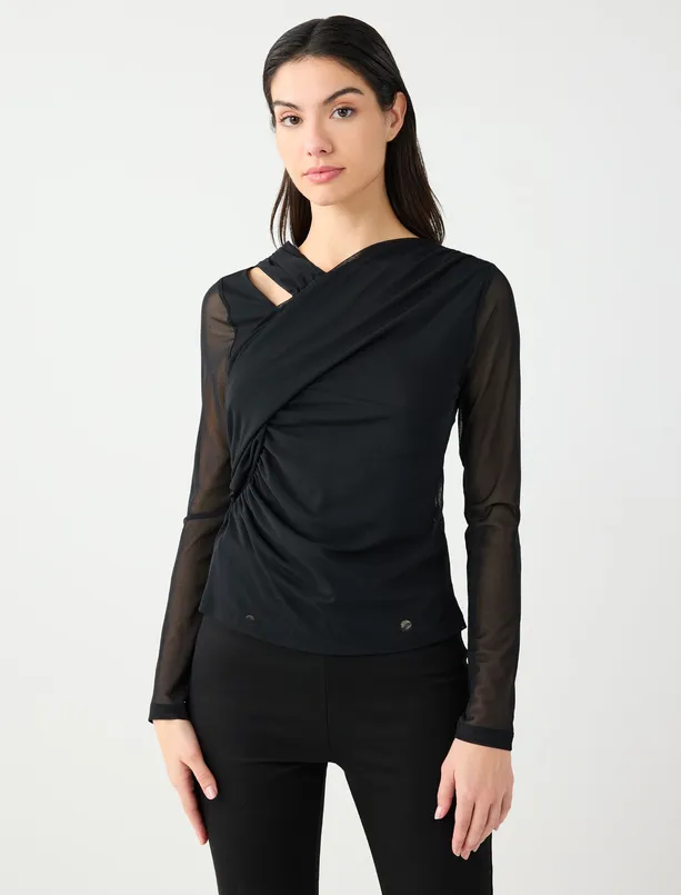 Bayan  Dar Kesim Asimetrik Yaka Mesh Örme Bluz