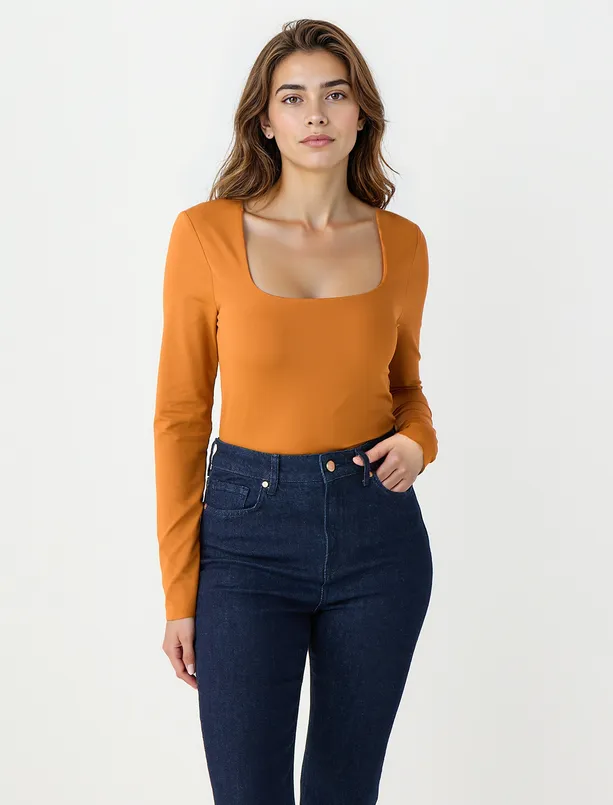 Bayan Kahverengi Dar Kesim Uzun Kollu Kare Yaka Örme Bluz