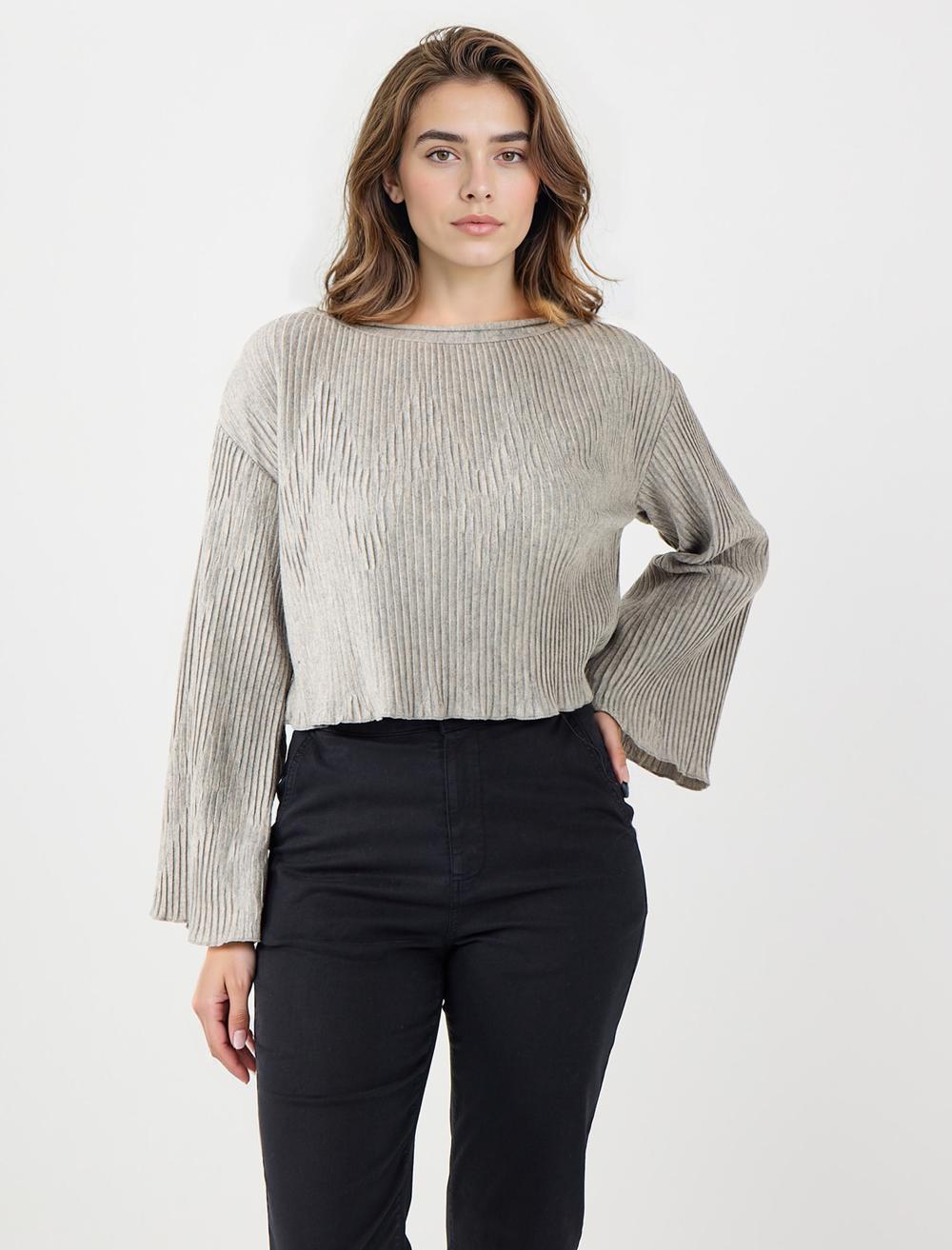 Rahat Kesim Kayık Yaka Yumuşak Dokulu Örme Bluz