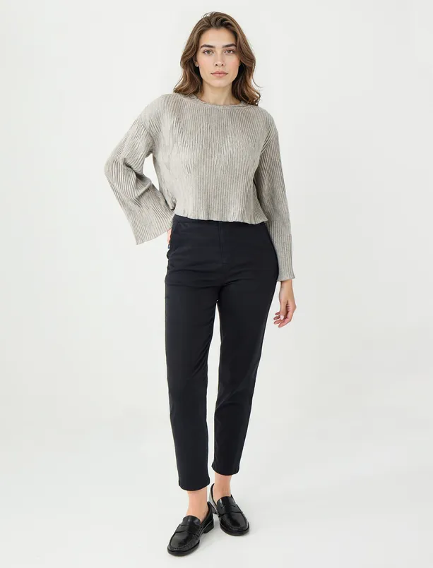 Bayan Bej Rahat Kesim Kayık Yaka Yumuşak Dokulu Örme Bluz