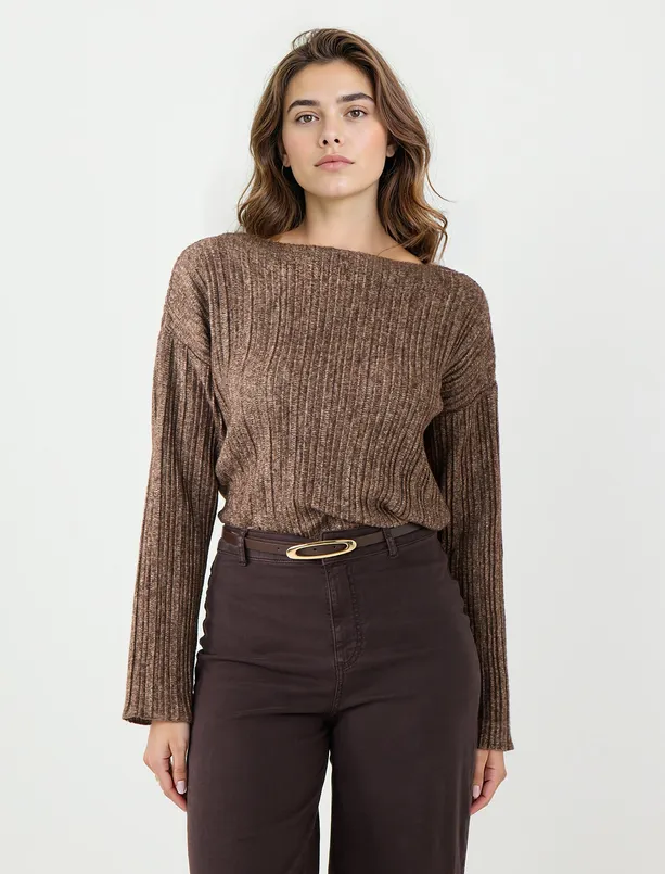 Bayan  Rahat Kesim Kayık Yaka Uzun Kollu Örme Bluz