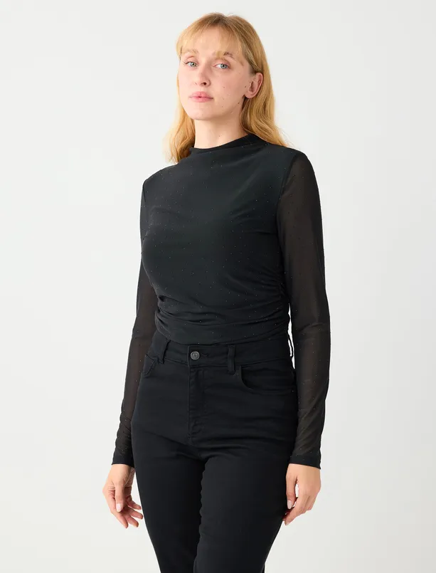 Bayan  Dar Kesim Uzun Kollu Dik Yaka Taşlı Mesh Örme Bluz