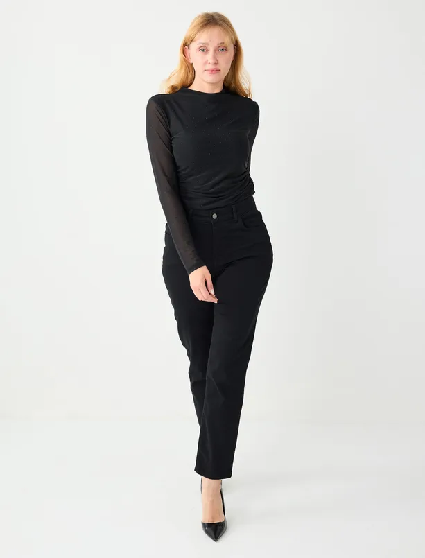 Bayan Siyah Dar Kesim Uzun Kollu Dik Yaka Taşlı Mesh Örme Bluz