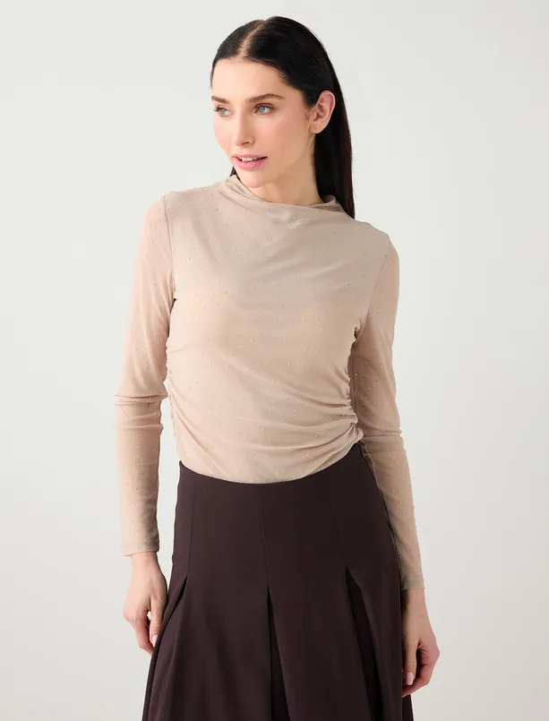 Bayan  Dar Kesim Uzun Kollu Dik Yaka Taşlı Mesh Örme Bluz