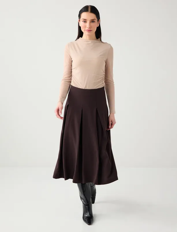 Bayan Bej Dar Kesim Uzun Kollu Dik Yaka Taşlı Mesh Örme Bluz