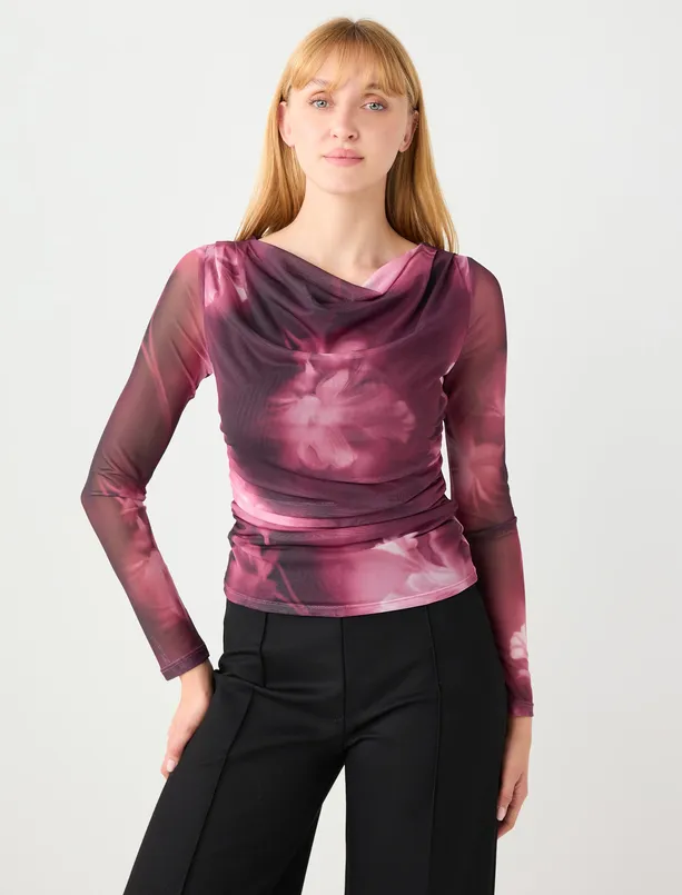 Bayan  Dar Kesim Dökümlü Yaka Desenli Örme Mesh Bluz