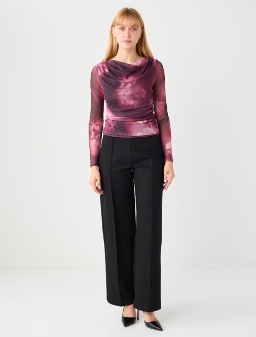 Dar Kesim Dökümlü Yaka Desenli Örme Mesh Bluz	