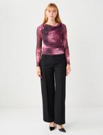 Dar Kesim Dökümlü Yaka Desenli Örme Mesh Bluz	