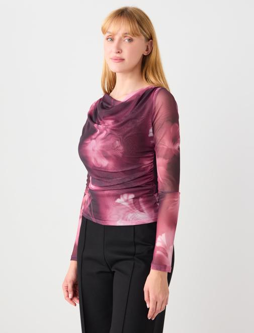 Dar Kesim Dökümlü Yaka Desenli Örme Mesh Bluz	