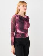 Dar Kesim Dökümlü Yaka Desenli Örme Mesh Bluz	