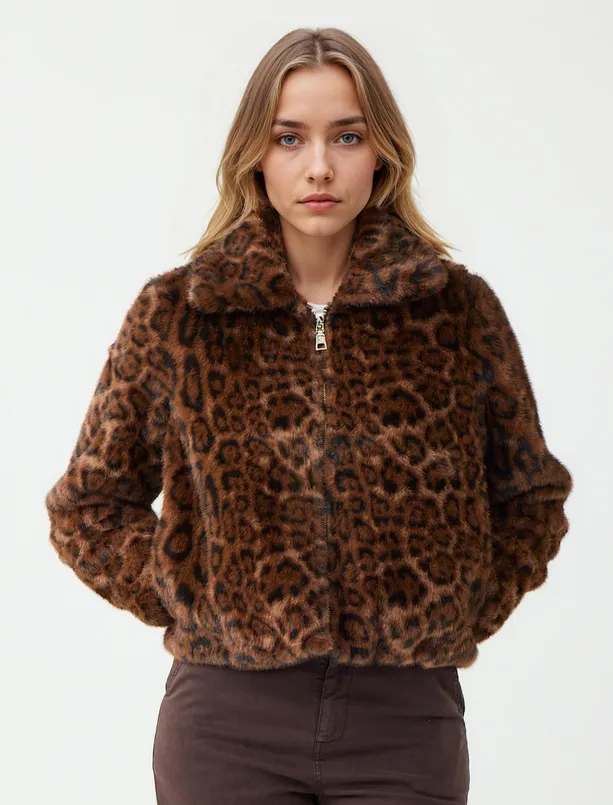 Bayan  Leopar Desenli Cep Detaylı Peluş Mont