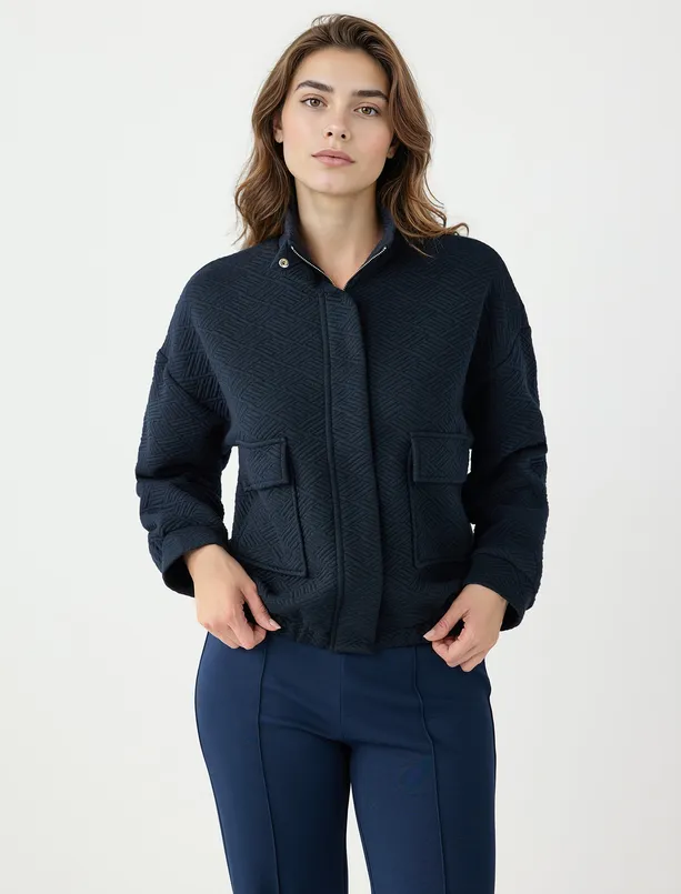 Bayan  Uzun Kollu Fermuarlı Beli Lastikli Örme Ceket