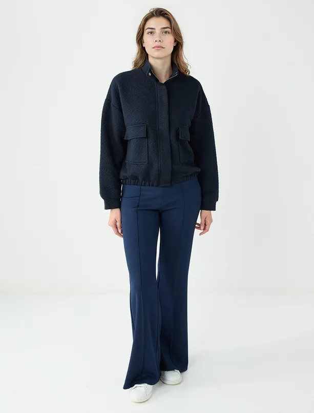 Bayan Lacivert Uzun Kollu Fermuarlı Beli Lastikli Örme Ceket