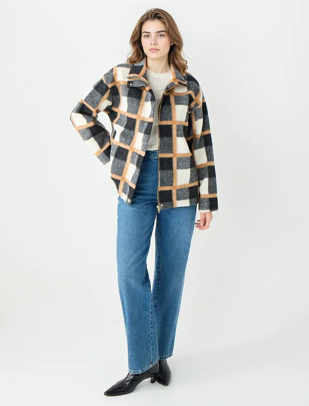 Bayan Antrasit Rahat Kesim Ekose Desenli Fermuarlı Kaşe Ceket