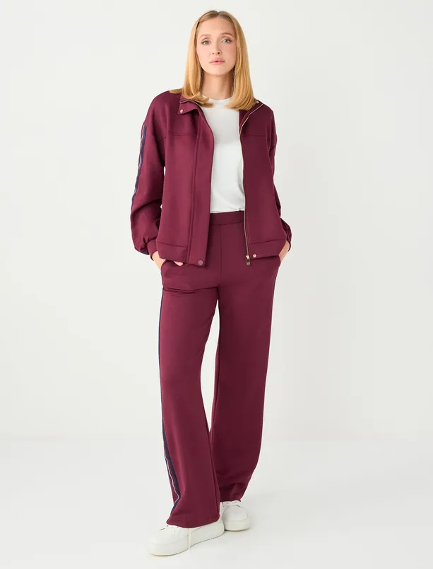 Bayan Bordo Düz Kesim Cep Detaylı Fermuarlı Modal Ceket