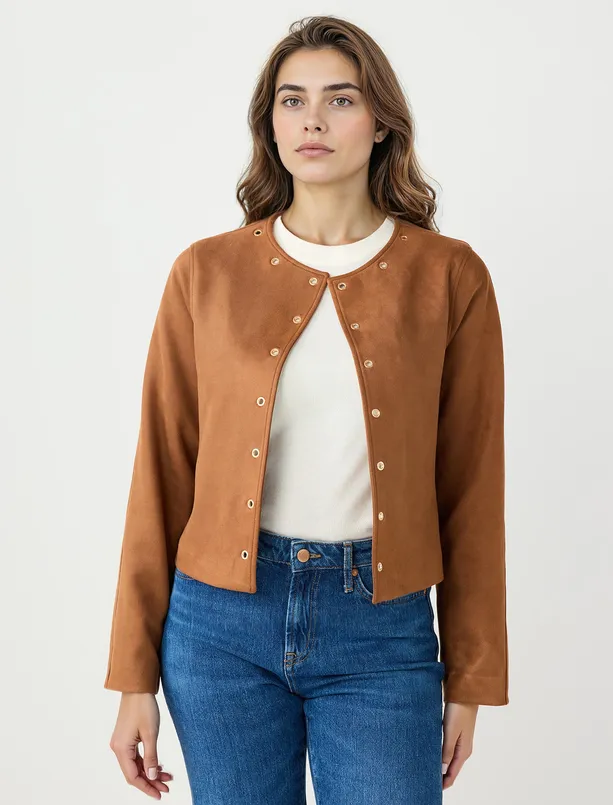 Bayan  Düz Kesim Çıtçıt Detaylı Süet Ceket