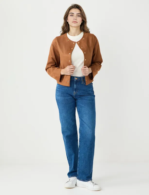 Bayan Kahverengi Düz Kesim Çıtçıt Detaylı Süet Ceket