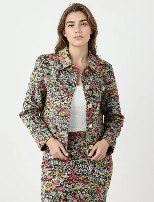 Bayan  Çiçek Desenli Düğme Detaylı Pamuklu Dokuma Ceket