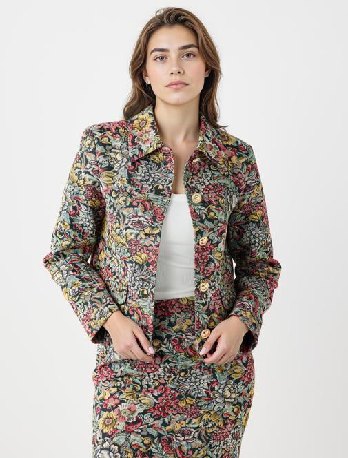Çiçek Desenli Düğme Detaylı Pamuklu Dokuma Ceket