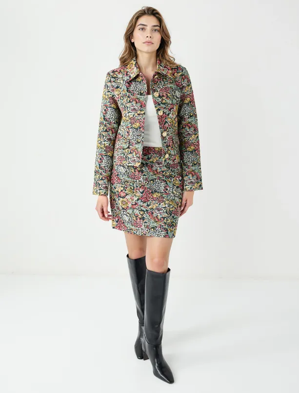 Bayan Koyu Yeşil Çiçek Desenli Düğme Detaylı Pamuklu Dokuma Ceket