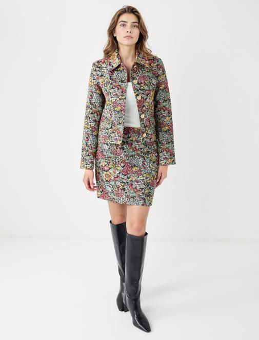 Çiçek Desenli Düğme Detaylı Pamuklu Dokuma Ceket