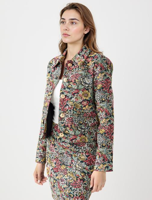 Çiçek Desenli Düğme Detaylı Pamuklu Dokuma Ceket