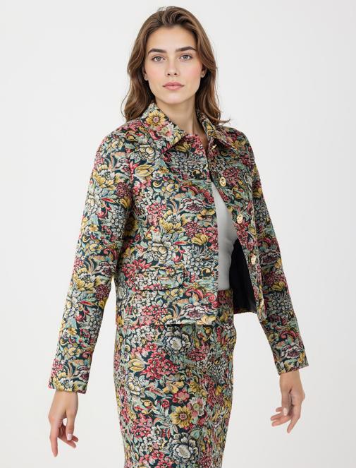 Çiçek Desenli Düğme Detaylı Pamuklu Dokuma Ceket