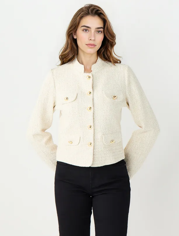 Bayan  Düz Kesim Metal Düğme Detaylı Dokuma Ceket