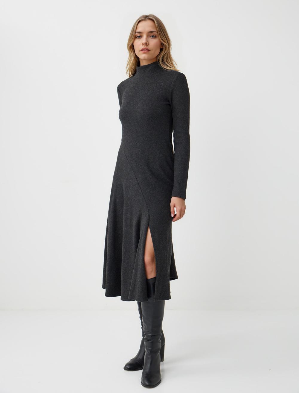 Balıkçı Yaka Yumuşak Dokulu Örme Midi Elbise