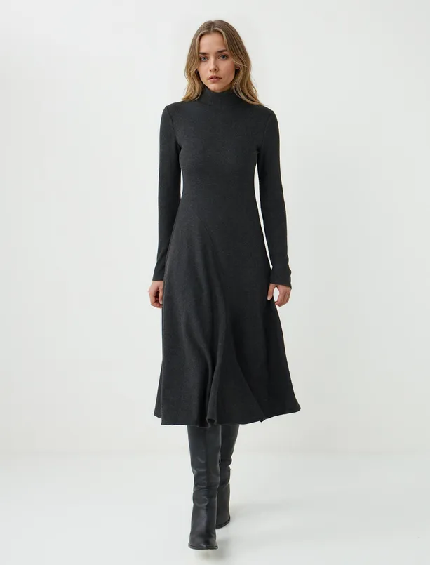 Bayan Antrasit Melanj Balıkçı Yaka Yumuşak Dokulu Örme Midi Elbise