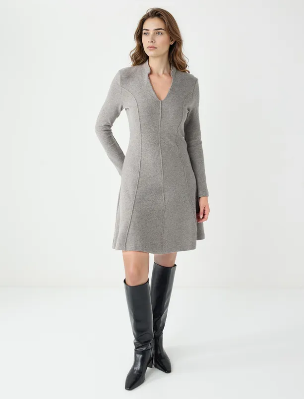 Bayan Antrasit Melanj V Yaka Uzun Kollu Yumuşak Dokulu Mini Elbise