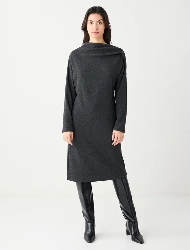Bayan Antrasit Degaje Yaka Yumuşak Dokulu Midi Örme Elbise