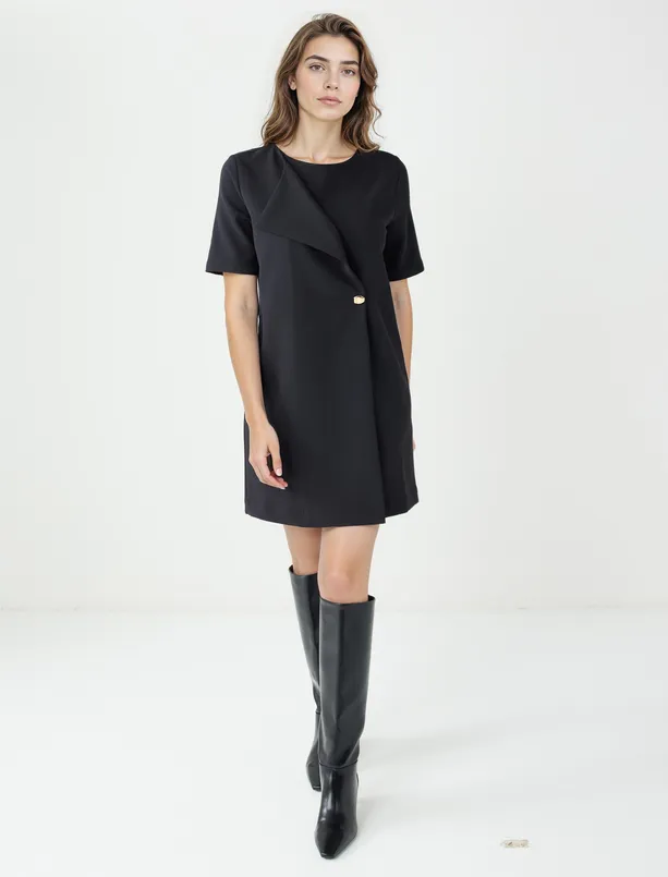 Bayan  Bisiklet Yaka Düğme Detaylı Dokuma Mini Elbise