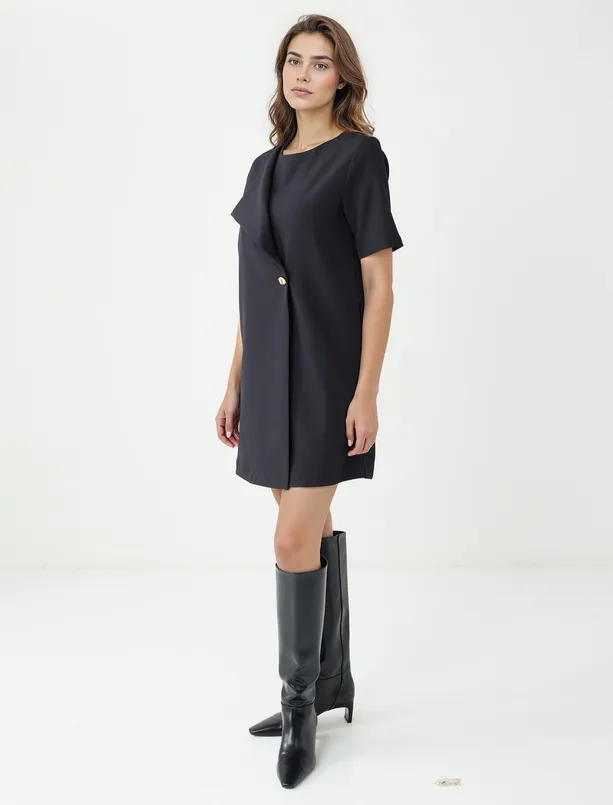 Bayan Siyah Bisiklet Yaka Düğme Detaylı Dokuma Mini Elbise