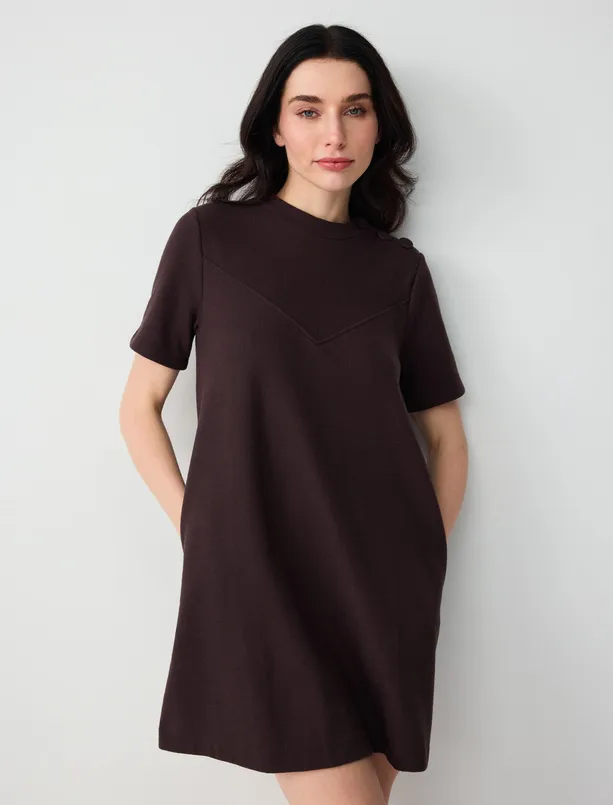 Bayan  Yumuşak Dokulu Omzu Düğme Detaylı Örme Mini Elbise