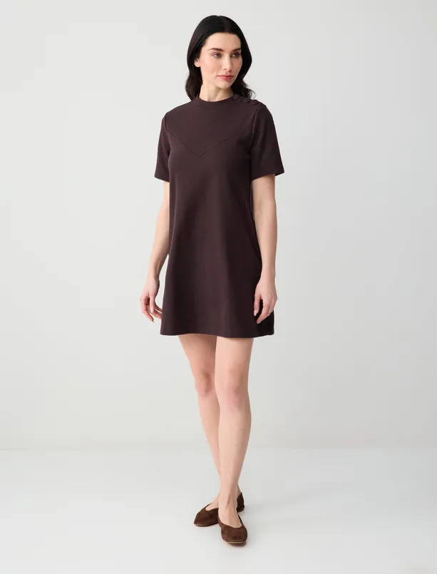 Bayan Kahverengi Yumuşak Dokulu Omzu Düğme Detaylı Örme Mini Elbise