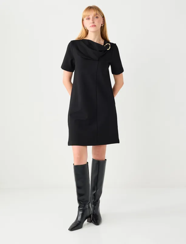 Bayan Siyah Degaje Yaka Kısa Kollu Örme Mini Elbise