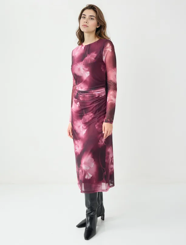 Bayan  Yuvarlak Yaka Çiçek Desenli Mesh Örme Midi Elbise