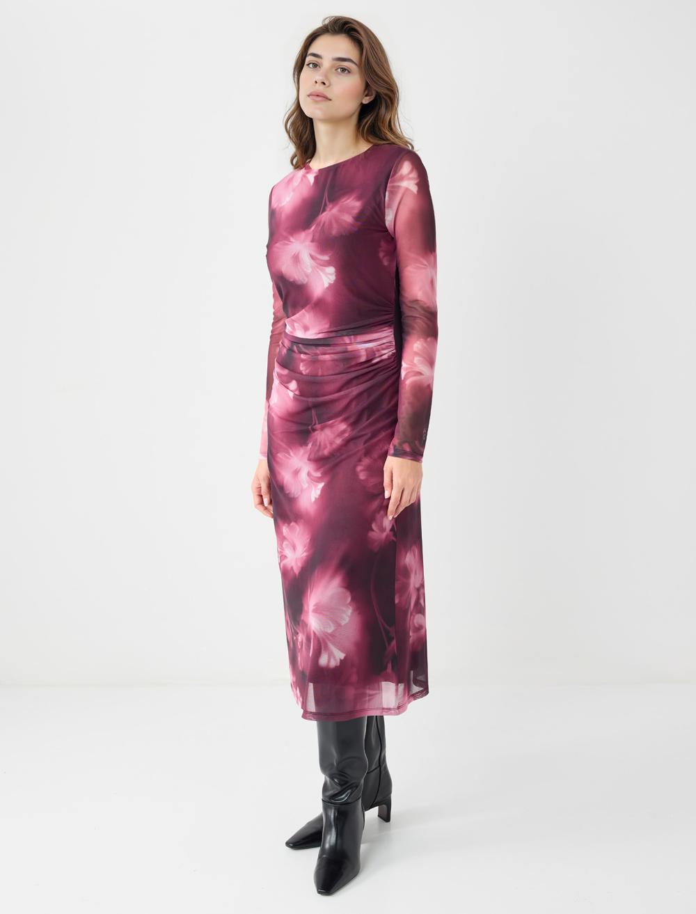 Yuvarlak Yaka Çiçek Desenli Mesh Örme Midi Elbise