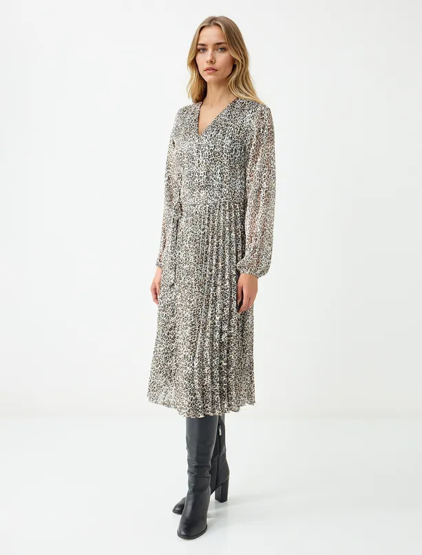 Women Ecru Double-breasted Collar Leopard Print Chiffon Midi Dress