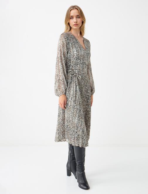 Leopar Desenli Şifon Midi Elbise Kombini