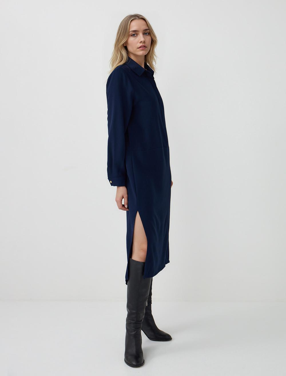 Rahat Kesim Gömlek Yaka Uzun Kollu Midi Elbise