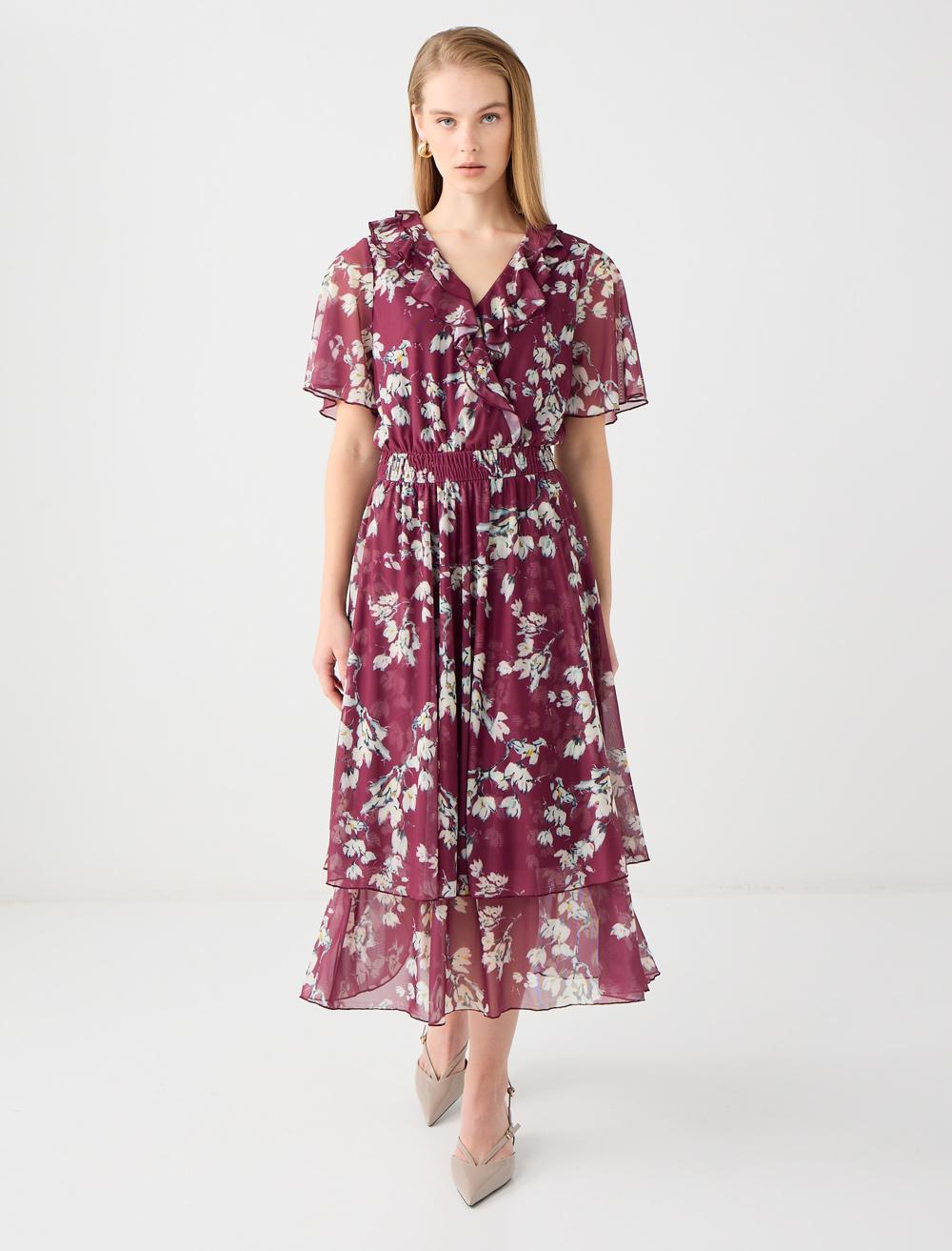 Kruvaze Yaka Kısa Kollu Çiçek Desenli Midi Elbise