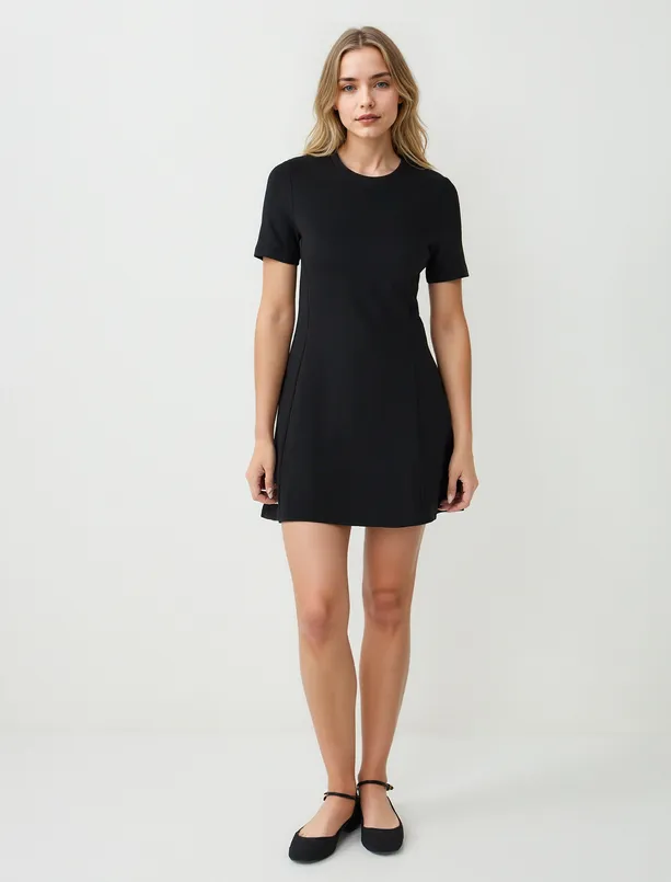 Women Black Crew Neck Short Sleeve Knitted Mini Dress