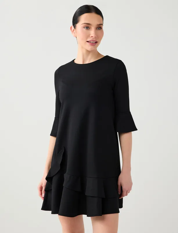 Bayan  Yuvarlak Yaka Dirsek Kol Mini Örme Elbise