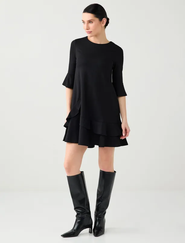 Bayan Siyah Yuvarlak Yaka Dirsek Kol Mini Örme Elbise