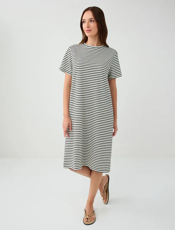 Women  Crew Neck Short Sleeve Striped Midi Knitted Dress