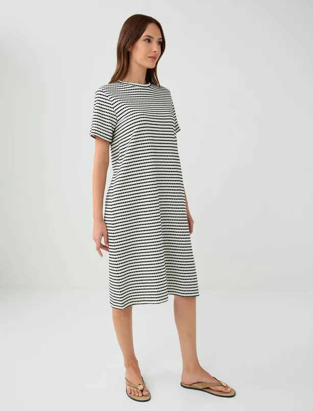 Women Black Crew Neck Short Sleeve Striped Midi Knitted Dress