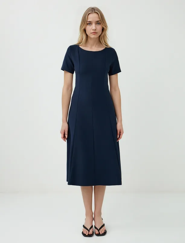 Women Dark Blue Boat Neck Short Sleeve Woven Midi Dress