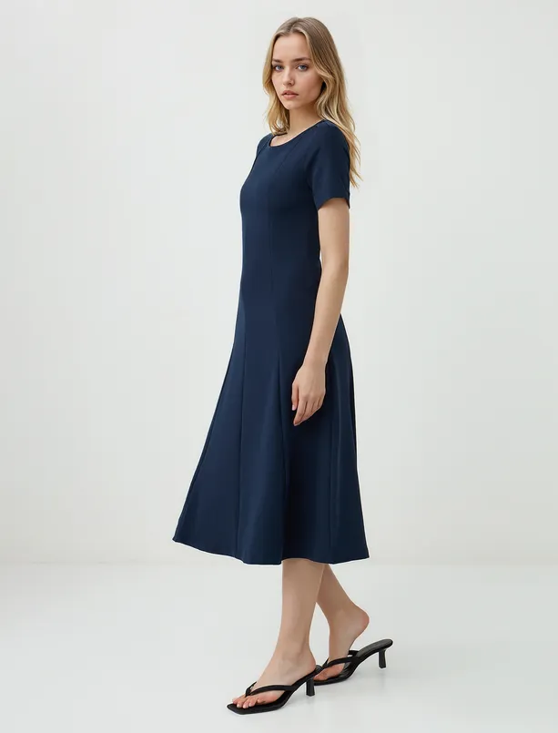 Women Dark Blue Boat Neck Short Sleeve Woven Midi Dress